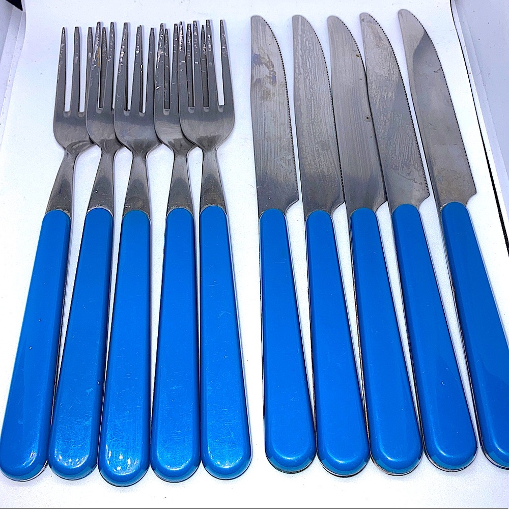 Vintage cose-casa Inox 18 -10 Italy 5 forks and 5 knife set Blue plastic handle